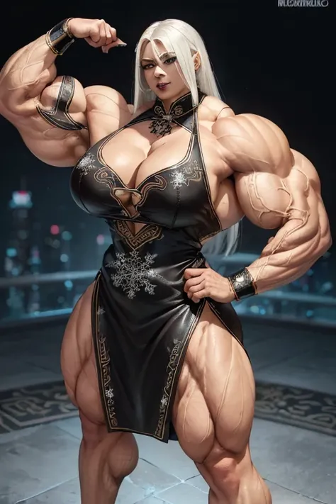 ((((Massive tall, beautiful, buff, brown skinned muscular woman with white hair, black lipstick, ginormous muscles, wearing a beautiful black leather Cheongsam dress adorned with intricate snowflake designs)))), close view, massive muscle, massive biceps, ...