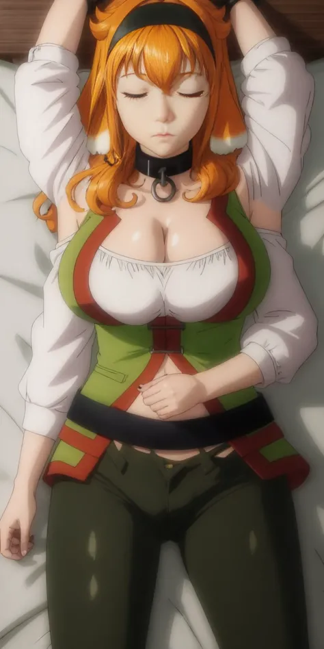 Roxanne Demin kin 1girl, solo, breasts, large breasts, navel, animal ears, cleavage, tail, hairband, pants, orange hair, collar, dog ears, dog tail, dog girl, black collar, green pants, floppy ears, eyes closed, sleeping, lying on bed, waist up, leather sl...