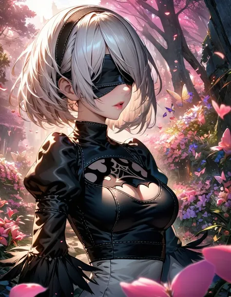 Ultra detailed, highres, absurdres, HDR, 2B, Nier Automata, white hair, eyes blindfolded, extremely beautiful, 1 woman only, pink forest, butterflies, flowers, petals, black clothes