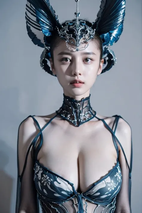 Clothing creative fashion design，Iris van Herpen designer style，Marine life curve，sense of lines，bone structure，Symmetrical design，Blue and white lines，Highlight sexiness，Japanese model，big breasts，Hot