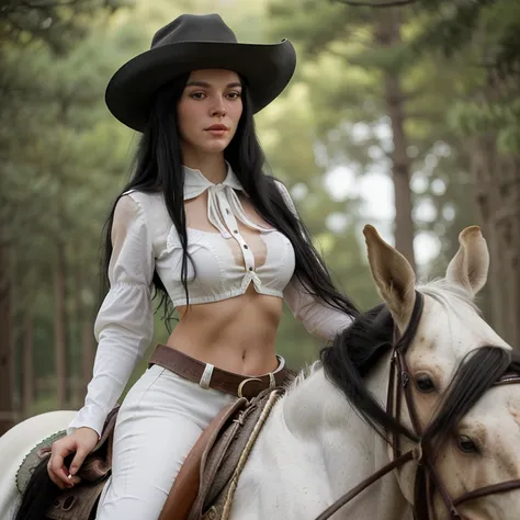 Create a white woman with long black hair on a horse and a cowboy hat