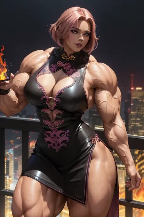 ((((Massive tall, beautiful, buff, light brown skinned muscular woman with shocking pink hair, black lipstick, ginormous muscles, wearing a beautiful black leather Cheongsam dress adorned with intricate fire designs)))), close view, massive muscle, massive...