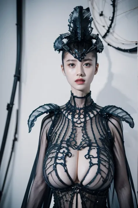 Clothing creative fashion design，Iris van Herpen designer style，Marine life curve，sense of lines，bone structure，Symmetrical design，Blue and white lines，Highlight sexiness，Japanese model，big breasts，Hot