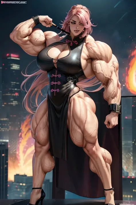 ((((Massive tall, beautiful, buff, light brown skinned muscular woman with shocking pink hair, black lipstick, ginormous muscles, wearing a beautiful black leather Cheongsam dress adorned with intricate fire designs)))), close view, massive muscle, massive...