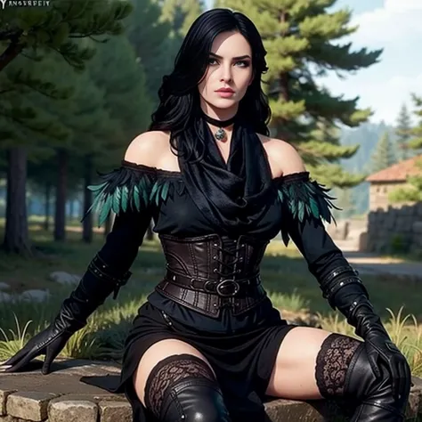 yennefer, in forest, long hair, black hair, purple eyes, scarf, black dress, bare shoulders, feathers, thighhighs, gloves, boots...