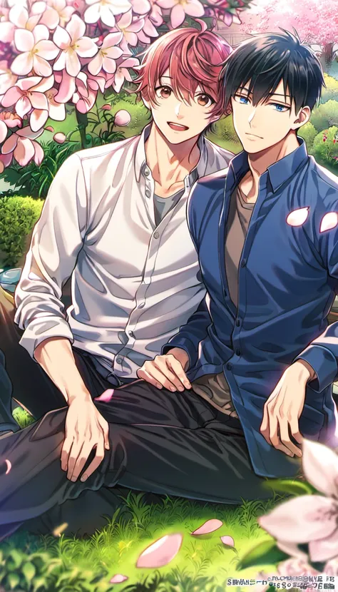 Ultra detailed, highres, absurdres, HDR, Uenoyama Ritsuka, blue eyes, black hair, Sato Mafuyu, pink-brown hair, brown eyes, garden, petals, Given, 2 men together, gay couple, handsome