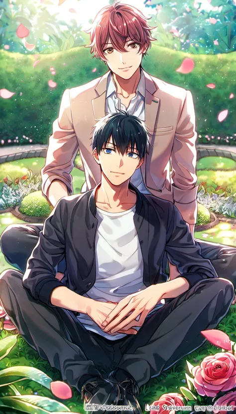 Ultra detailed, highres, absurdres, HDR, Uenoyama Ritsuka, blue eyes, black hair, Sato Mafuyu, pink-brown hair, brown eyes, garden, petals, Given, 2 men together, gay couple, handsome