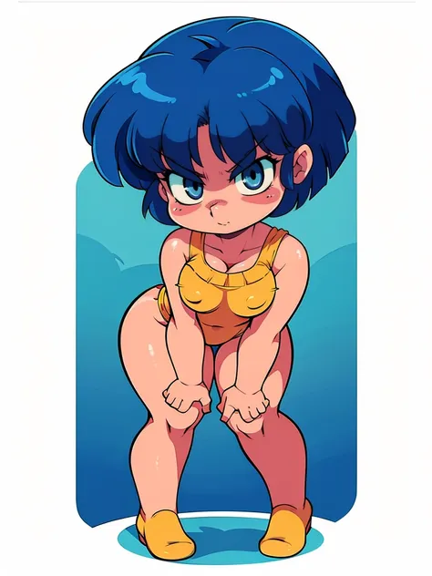 ((sticker-style illustration for print with 1girl, minimalism,)), simple background, clean:0.9, lineart, vector, AkaneYellowSwimsuit, looking at the viewer, full body, blue hair, (eyes angry), circle frame, hands on hips, camel toe, bend over