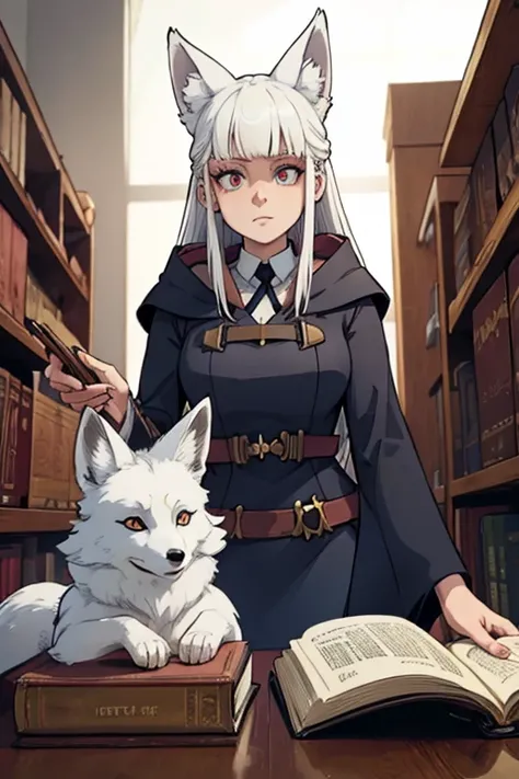 A white haired female witch with copper eyes and white fox ears and a white fox tail in a conservative witchs uniform is reading in a library
