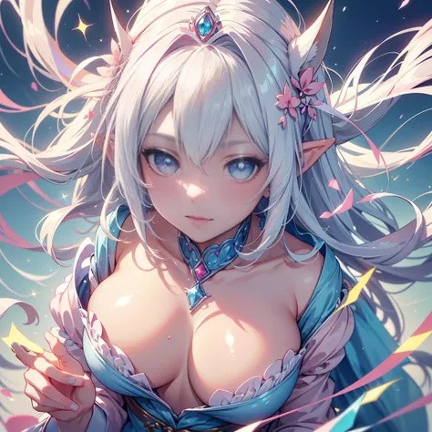 (best quality,4k,8k,highres,masterpiece:1.2),ultra-detailed,(realistic:1.1),portrait,illustration,((white-haired princess)),((sparkling blue eyes with a touch of pink)), creamy fair skin with a rosy tint, cute and fashionable outfit that complements her st...