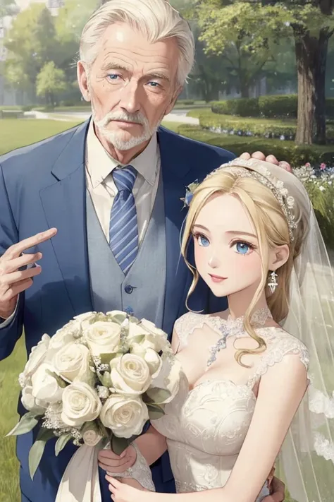 ((highest quality)), ((masterpiece)), (be familiar with), perfect face、perfect proportions
（Blonde wife、Blue-eyed wife、semi-long）、Engagement Rings、９０Old man and wedding、９０Getting along with the old man