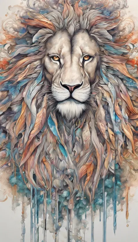 Front view of the scene in close-up scaled in high relief; details in 8k; precision in details; alcohol-based ink, vibrant colors, perspective view, centered, lines in perspective; Wood splash; high contrast of gloomy colors; a lion with a mane blowing in ...