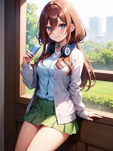 miku nakano, long hair, bangs, blue eyes, brown hair, shirt, hair between eyes, headphones, cardigan, headphones around neck,skirt, shirt, long sleeves, white shirt, panty shot,white panty,pleated skirt, white panty, cardigan, green skirt, blue cardigan,sm...