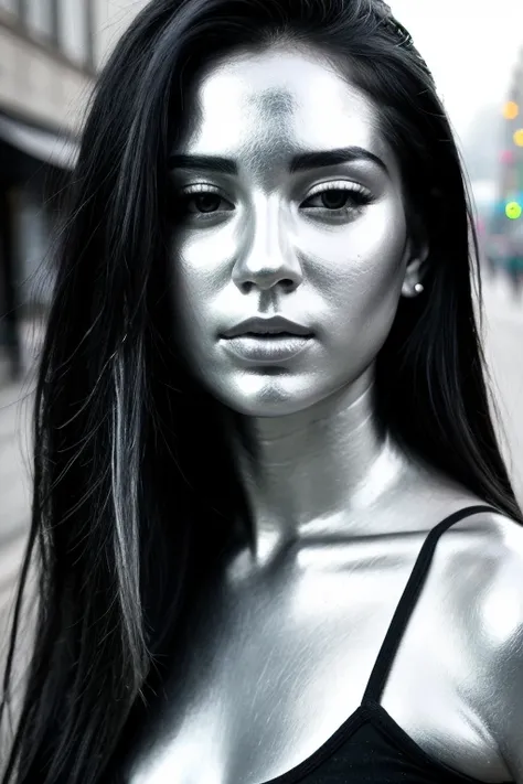 city street, neon, fog, volumetric, closeup portrait photo of beautiful young Mexican woman silver living statue, perfectly body, head, face metallic chrome silver paint, detailed facial head body, (lifelike expression), living statue, metallic chrome silv...