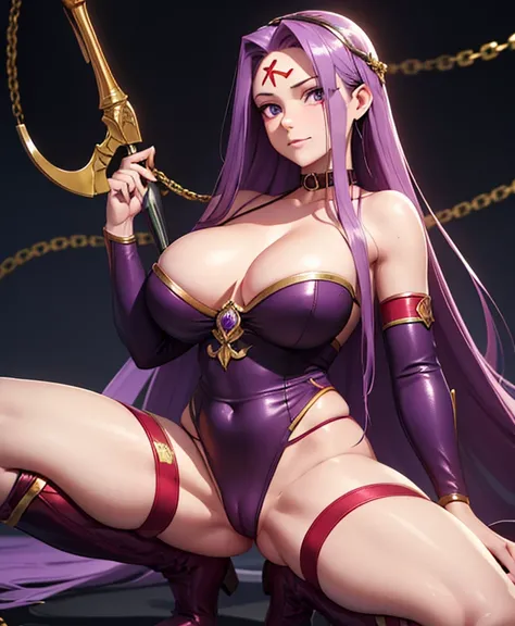 high resolution,ultra-detailed,best quality,masterpiece,8k,,1woman, {medusa_FGO:1.15},full,body,perfect face,looking at viewer,s(((realistic))),pale skin fighter,(((long straight purple hair)),eyes,seductive smile,(((large breasts))),large ass,,,,boots,cho...