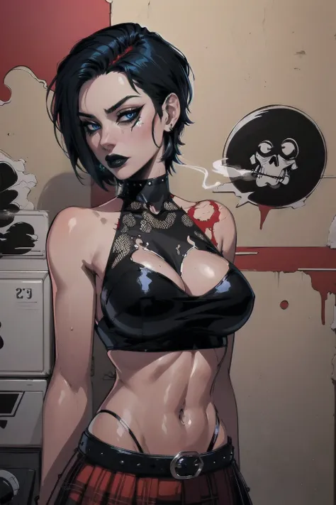 a woman with short black hair, hair on shoulders,  wearing a red cropped  and plaid skirt, blue eyes, zombie art, gothic art, cute aesthetic with vibe, toon aesthetic, wearing red costume, wearing gothic accessories, look like Cassie Hack, upper body, red ...