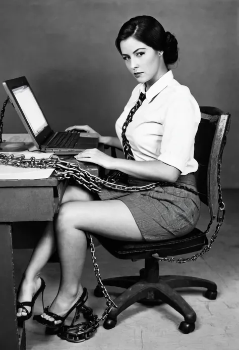 show  me a picture of  women sitting at a desk like a slave chained to her computer