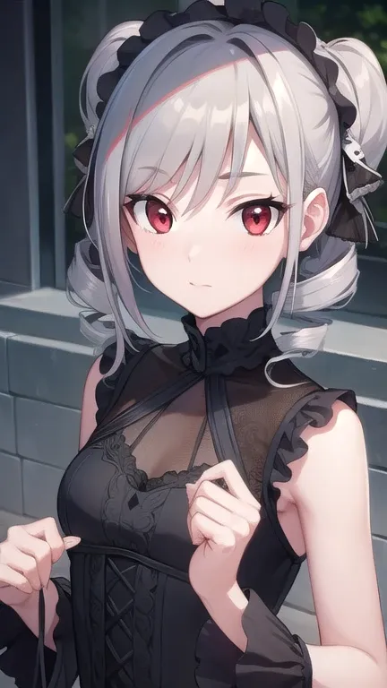 rankokanzaki, ranko, (drill hair:1.5), grey hair, long hair, pale skin, (red eyes:1.5), twin drills,
break black dress, dress, g...