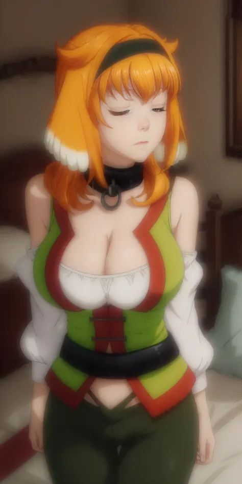 Roxanne Demin kin 1girl, solo, breasts, large breasts, navel, animal ears, cleavage, tail, hairband, pants, orange hair, collar, dog ears, dog tail, dog girl, black collar, green pants, floppy ears, eyes closed, sleeping, lying on bed, waist up, leather sl...