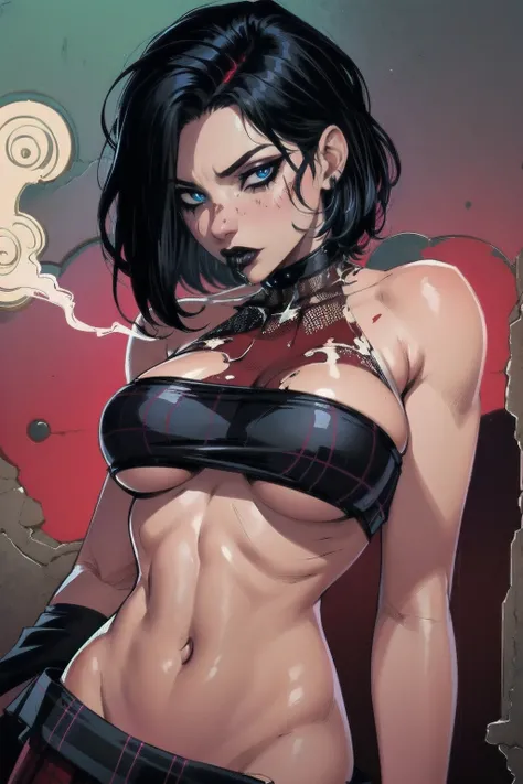 a woman with short black hair, hair on shoulders,  wearing a red cropped  and plaid skirt, blue eyes, zombie art, gothic art, cute aesthetic with vibe, toon aesthetic, wearing red costume, wearing gothic accessories, look like Cassie Hack, upper body, red ...