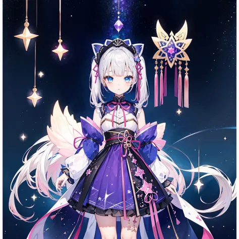 vtuber-fullbody、Star Fairy、「A beautifully printed galaxy patterned kimono and gothic lolita outfit.、Space side box pleat mini skirt、Front full body portrait、enchanting eyes、Perfect and stunning face、exquisite details、clear image、highest quality。」