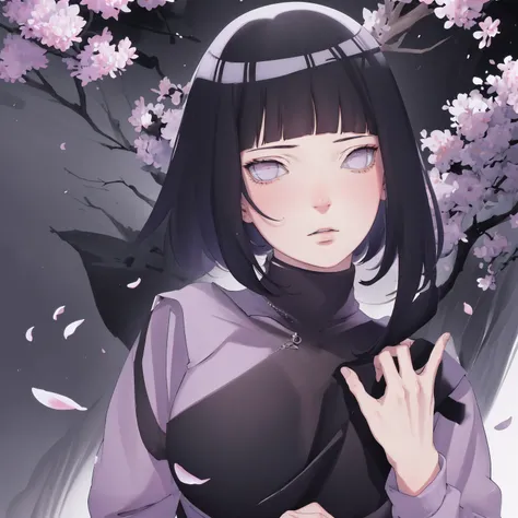 { - anatomy error} (Masterpiece - Ultra-detailed, very high resolution) (huge titusty, masterpiece, absurdres, hinata(boruto), 1girl, solo,mature female, lilac turtleneck blouse, black pant, looking at viewelling petals), perfect composition, detailed lips...