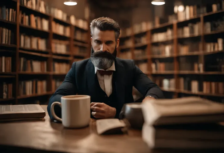 8k, Uma foto do personagem sentado em uma livraria, surrounded by conspiracy theory books, and a mug of coffee.,original,Desamparado, sujo, cabelo longo, Barba Comprida, dressed in sujo ill-fitting clothes, Macho