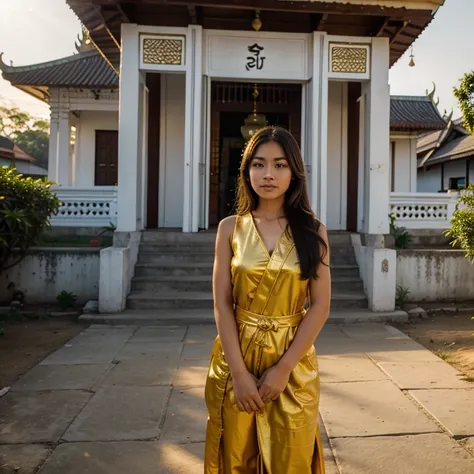 Beautiful girl in traditional Thai costume standing in front of the temple There is a golden light in the morning.