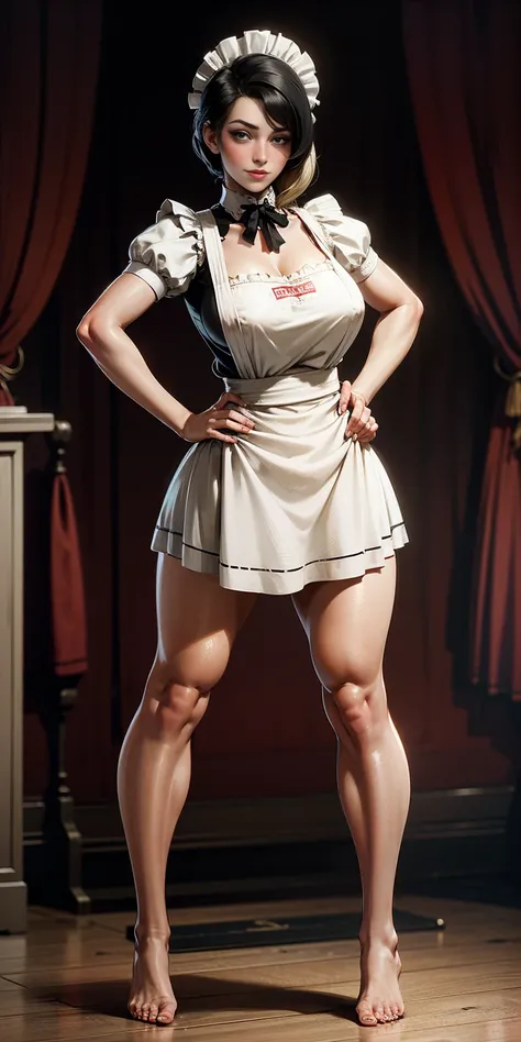 1girl, cute, ((Short black hair girl and long blonde hair girl)), maid victorian, maid apron, straight face, dazed, Body position: Standing, straight, symmetrical, barefoot, Lustful smile on face with red blush,