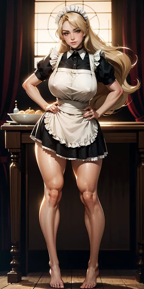 1girl, cute, ((Short black hair girl and long blonde hair girl)), maid victorian, maid apron, straight face, dazed, Body position: Standing, straight, symmetrical, barefoot, Lustful smile on face with red blush,