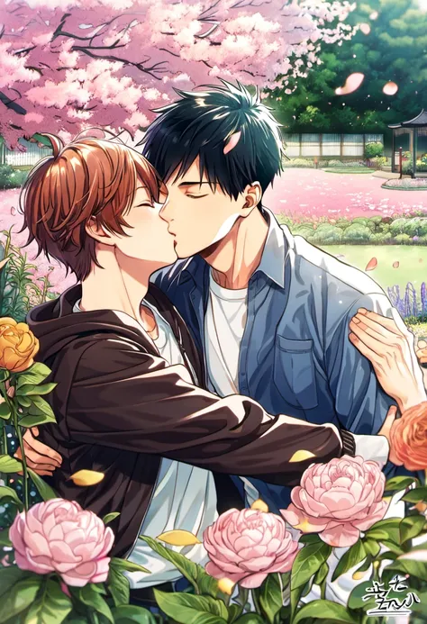 absurdres, highres, ultra detailed, HDR), master piece, best quality, Uenoyama Ritsuka, black hair, closed eyes, Given, Sato Mafuyu, pink-brown hair, closed eyes, 2men kissing, gay couple, handsome, petals, garden