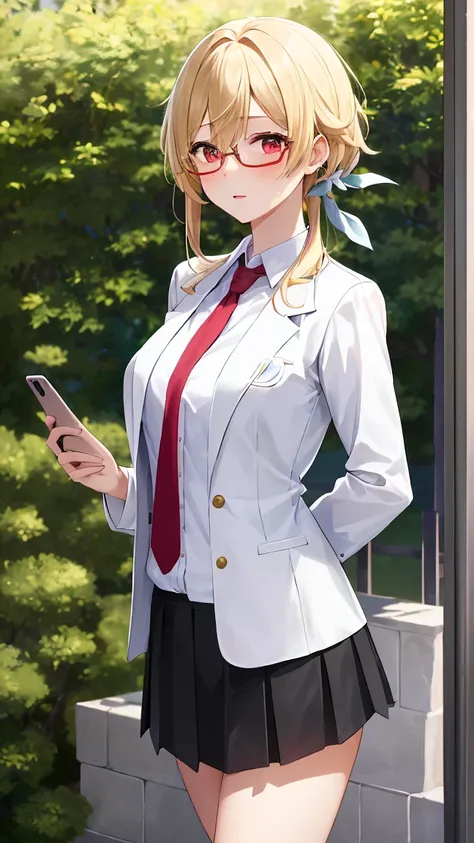 1girl, solo, luminedef, cleavage, (glowing red eyes)
BREAK (glasses, skirt, shirt, , white shirt, pleated skirt, glasses, collared shirt, black skirt, vest, red necktie, labcoat, (white labcoat:1.2), brown vest:1.2),
BREAK （perspire，Sweat a lot，Blushlush，B...