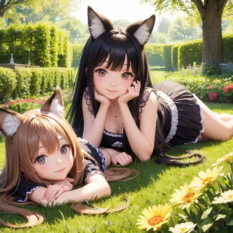 beautiful detailed eyes, cute dresses, playful poses, sunny garden, blooming flowers, vibrant colors, soft lighting, digital painting, high-res, HDR 2 girls, twins , black long hair, height long hair fox ears, fox tails, 18 year old sisters