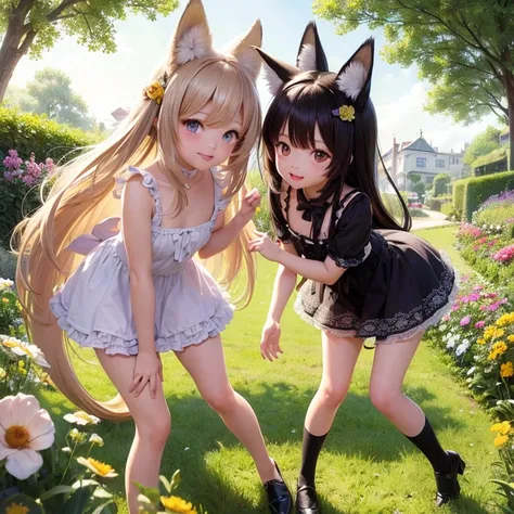 beautiful detailed eyes, cute dresses, playful poses, sunny garden, blooming flowers, vibrant colors, soft lighting, digital painting, high-res, HDR 2 girls, twins , black long hair, height long hair fox ears, fox tails, 18 year old sisters