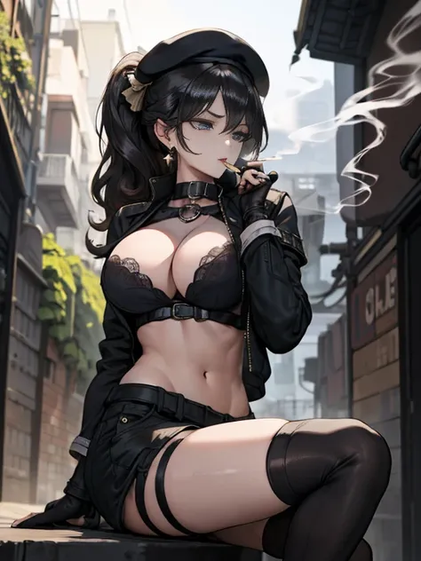  22 years old, (milf:0.8), (solo:1.5), (sfw:1.25), cute breast, beautiful breasts, medium tits, thin waist, big ass:1.0, Raised sexy, (beret, black jacket, open clothes, cleavage, midriff, black shorts, black thighhighs, thigh strap, fingerless gloves, sin...