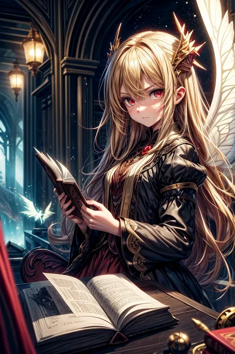 Fairy girl with wings and a book in hand, Spellbook in hand, Magic, Magic Girl, Red eyes, Serious face, Little Dragon in background, Little red dragon in Background, Golden Hair, Gold, Blonde girl