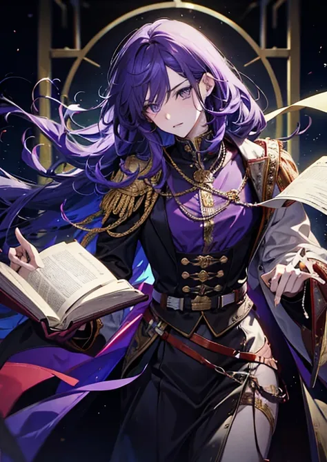 1male, purple hair, adult, angry, Yellow colored eyes, handsome and beautiful face, a scholar, prince, calm, in library and reading a book, a noble during the medieval times, wearing dark colors, cold and distant demeanor, fantasy setting