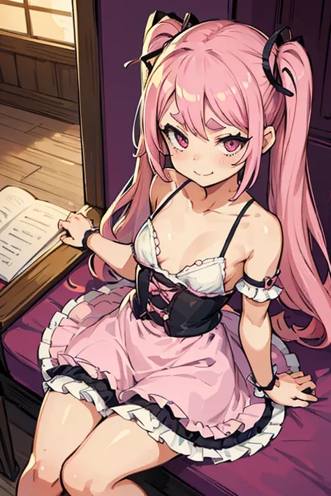 Girls with pink hair, long double-tailed hairstyle, ((small pink bushy eyebrows)), wearing lolita clothing, marked vagina, lolicon (Zankuro) drawing style by zankuro artist, Zancro style, image uploaded to R34, flirty smile , ((showing the pubes)) in a res...