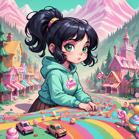 illustrate, showcase of candy land aesthetics, candy land,  Vanellope von Schweetz, sugar rush racer, racer kart at max speed through candy land, glitch art style, glitches, Joelle Jones hand drawn expressive ink illustration, rotoscope wacky racers style ...