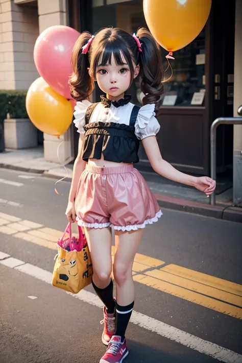 having a balloon , full body, real photo, 10 years old girl, twin tails, looking down at me, hot pants,