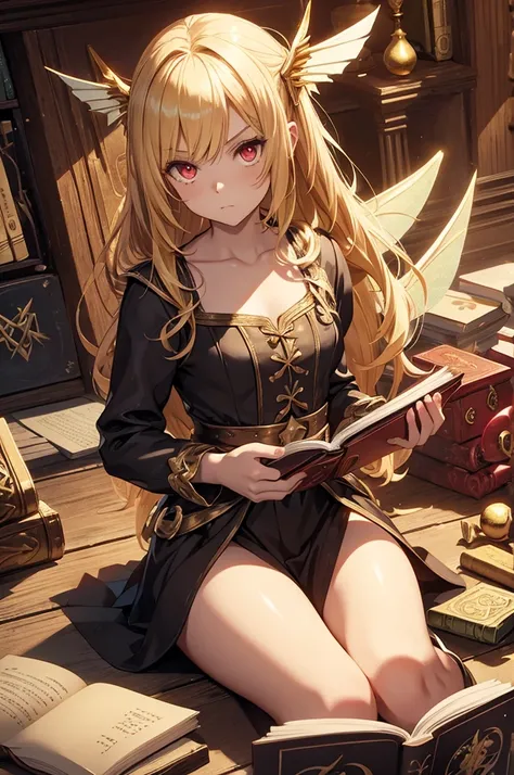 Fairy girl with wings and a book in hand, Spellbook in hand, Magic, Magic Girl, Red eyes, Serious face, Little Dragon in background, Little red dragon in Background, Golden Hair, Gold, Blonde girl, Little Pet Dragon