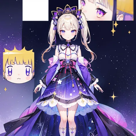 vtuber-fullbody、Star Fairy、「A beautifully printed galaxy patterned kimono and gothic lolita outfit.、box pleated mini skirt、Front full body portrait、enchanting eyes、Perfect and stunning face、exquisite details、clear image、highest quality。」