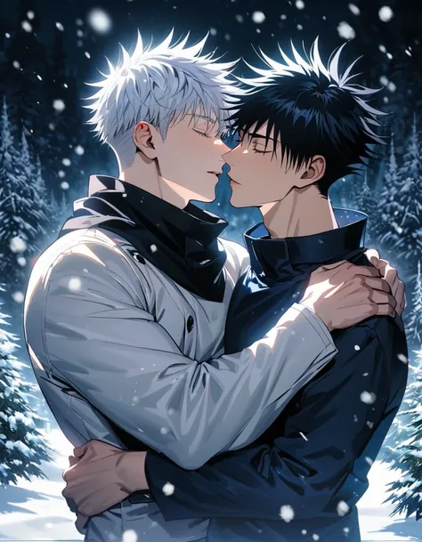 Ultra detailed, Highres, absurdres, HDR, Gojou Satoru, white hair, Fushiguro Megumi, black hair, closed eyes, Jujutsu Kaisen, snowing, snowflakes, ice forest, handsome, 2 men kissing, gay couple