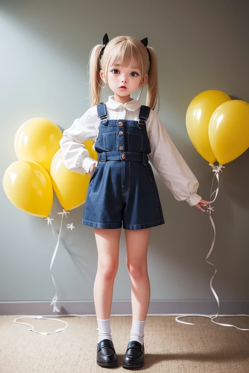 having a yellow balloon , full body, real photo, 10 years old girl, twin tails, looking down at me, hot pants,