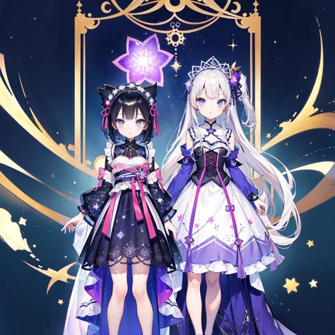 vtuber-fullbody、Star Fairy、「A beautifully printed galaxy patterned kimono and gothic lolita outfit.、Front full body portrait、enchanting eyes、Perfect and stunning face、exquisite details、clear image、highest quality。」