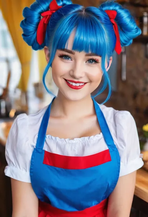 She has bright blue hair, twin buns, a cute smile, well-defined features, a small face, half-Russian, and wears a red apron that accentuates her G-cup bust.