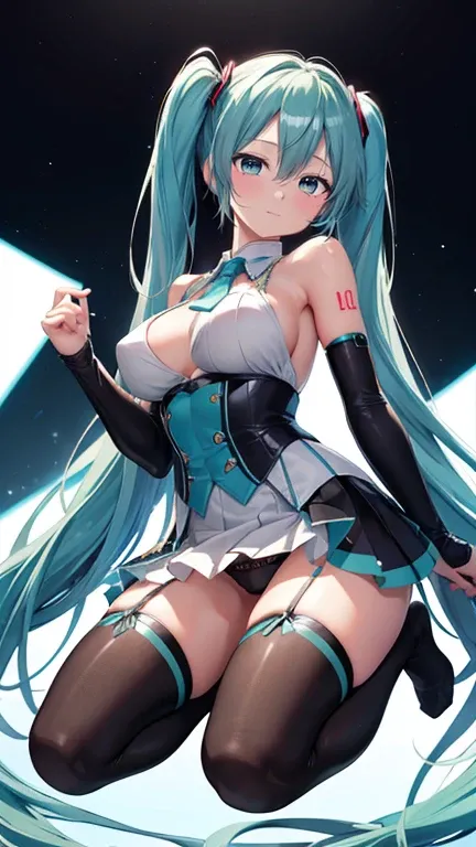 (1 girl),(high quality), (High resolution), (extremely detailed), (8K),(focus on lower body),(CG),(Hatsune Miku)、Gravure idol、Magic Knight、transparent costume、Magic Mentor、、sexy panties、(black knee high stockings:1.2)、(nipple shape)、No shoes、neutral white ...