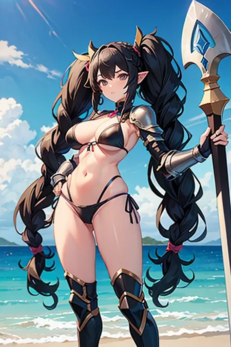 shortstack girl, small girl, long black hair, braids twintails hairstyle, pointy ears, wide hips, huge breasts, full body, standing, revealing armor, bikini armor, giant axe