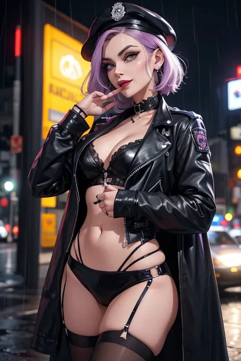 Linda vampira policial, cabelos curto preto estilo French bob bem curto na nuca, olhos amarelos com maquiagem em estilo punk batom roxo, usando blusinha colada cinza e saia, de jaqueta estilo punk, distintivo policial no cinto, mostrando o abdome definido ...