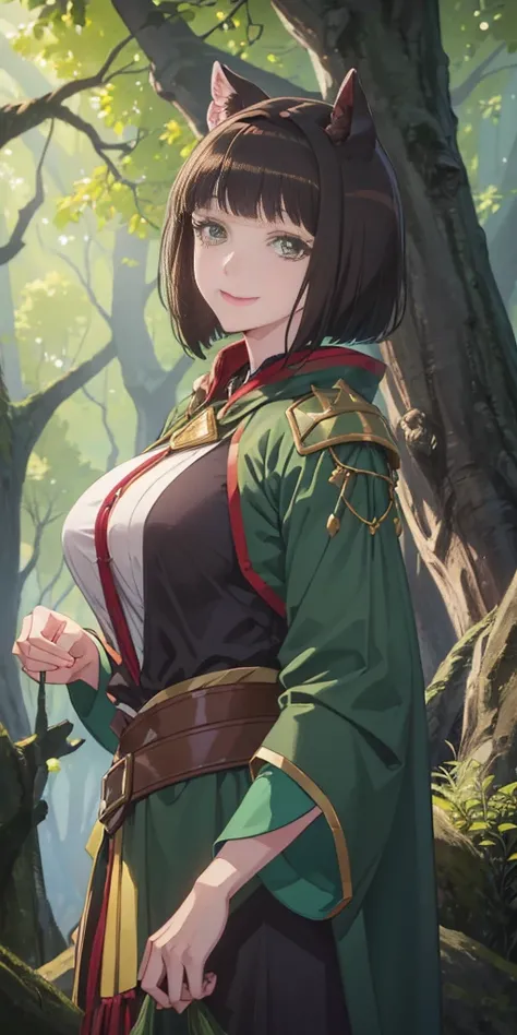 A woman with short dark brown hair, faint green eyes, smiling in a fantasy world forest, holding a fan with one hand, big breast